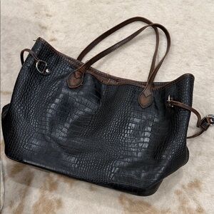 freebird Black Croc-Embossed Tote with Brown Trim and Straps